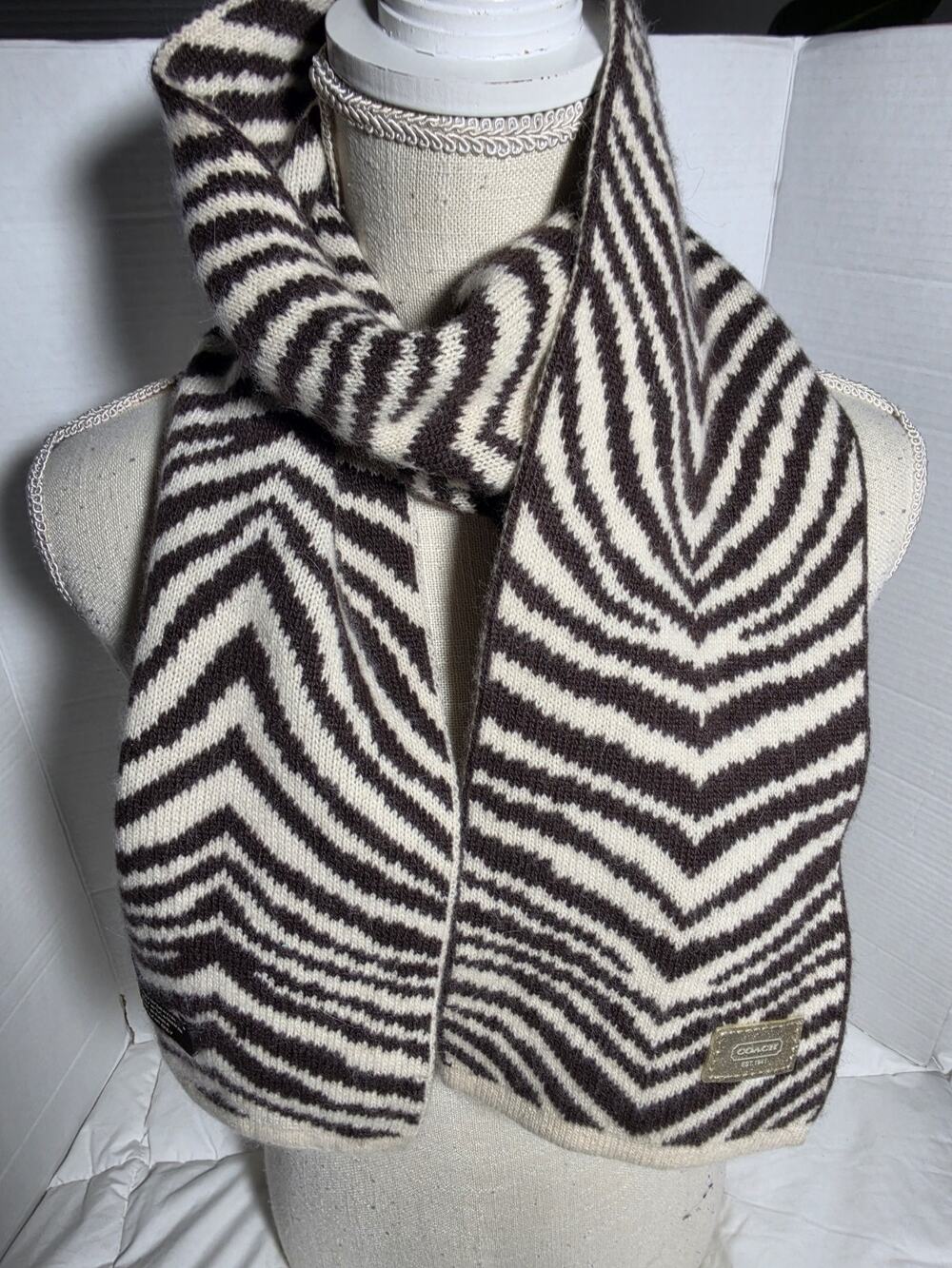 Coach Silver Luxury Wool Cashmere Zebra Print Vtg Scarf Ultrasoft Logo Retro Y2K